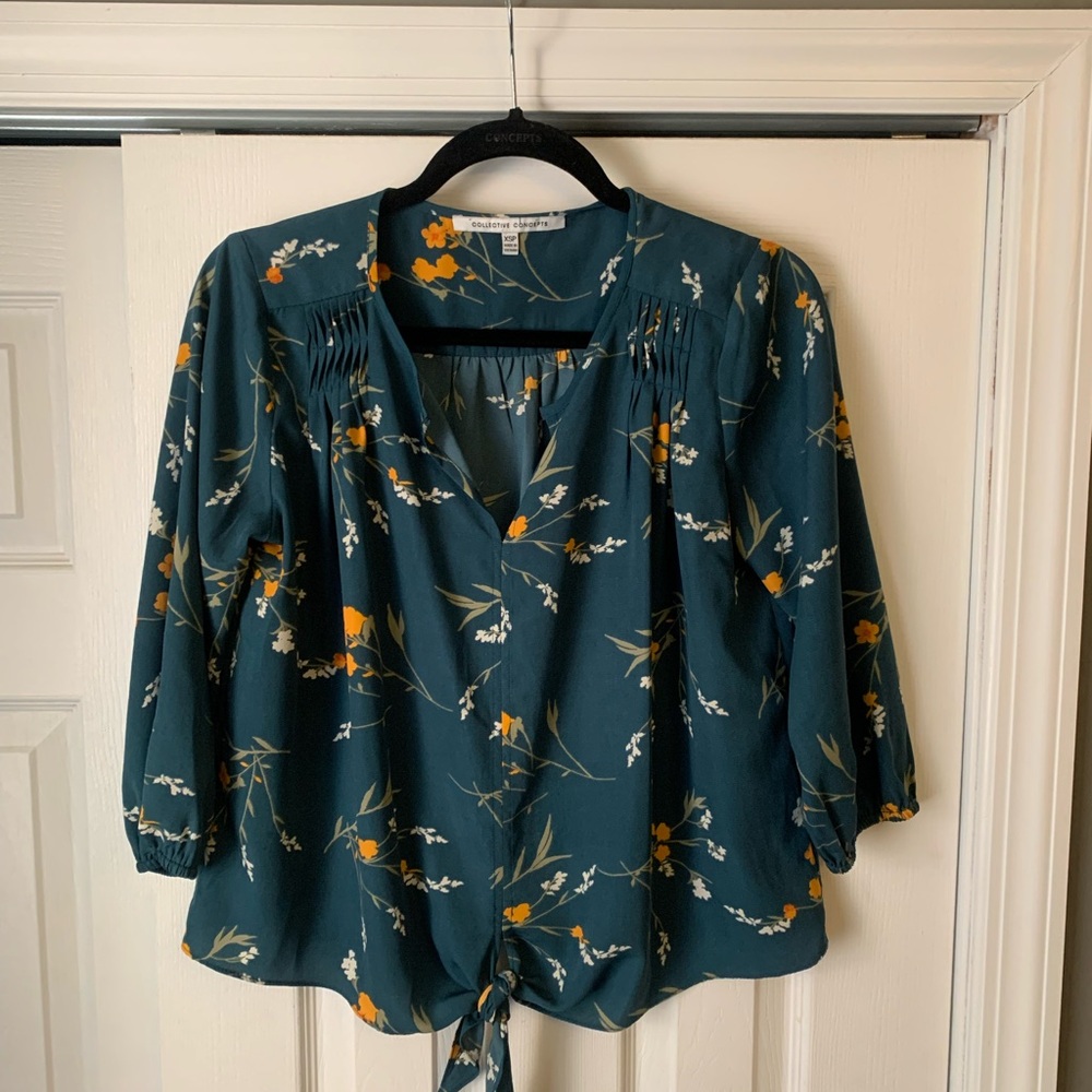 Collective Concepts Dark Teal Floral Blouse